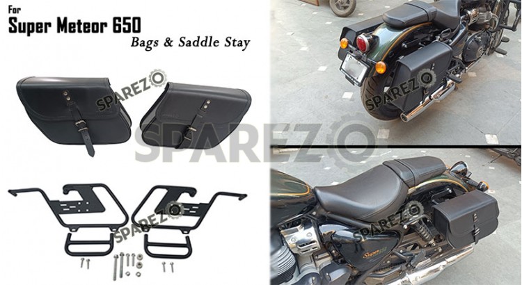 For Royal Enfield Super Meteor 650 Black Bags With Saddle Stay Mounting - SPAREZO